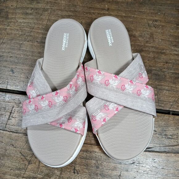 Skechers Sz 10 Sandals Slides Taupe Pink Shoes Open Toe On The Go Walk - Picture 2 of 6